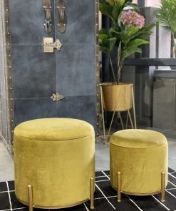 The-Golden-Triangle-India Furniture Sevim Plush Storage Pouffe Mustard