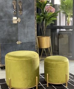 The-Golden-Triangle-India Sevim Plush Storage Pouffe Olive Green