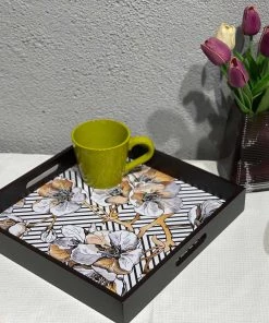 The-Golden-Triangle-India Modern Geometric Floral Wooden Tray - Square Tableware