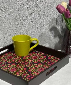 The-Golden-Triangle-India Tableware Floral Ornament Wooden Tray - Square