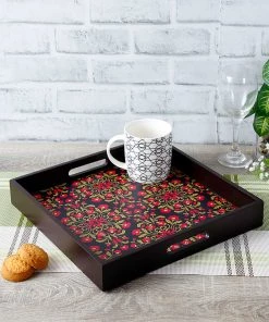 The-Golden-Triangle-India Tableware Floral Ornament Wooden Tray - Square