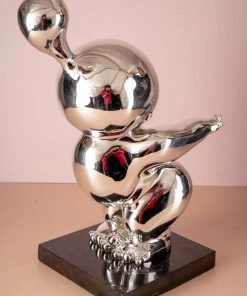 The-Golden-Triangle-India Artefacts Chub - Chubby Man Posing Metallic Figurine With Marble Base - Silver