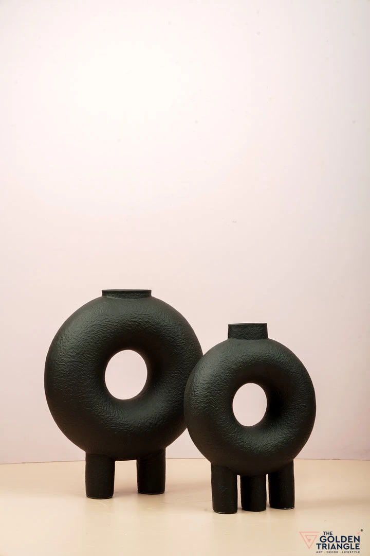 The Golden Triangle India Monochrome Collection Doughnut Vase With Two Legs - Black 6 The Golden Triangle India Monochrome Collection Doughnut Vase With Two Legs - Black