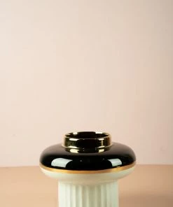 The Golden Triangle India Short Pillar Vase With Gold Ring - Black Vases