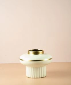 The Golden Triangle India Short Pillar Vase With Gold Ring - White Vases