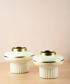 The Golden Triangle India Short Pillar Vase With Gold Ring - White Vases