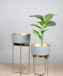 The-Golden-Triangle-India Lillian Enameled Metal Planter - Gray