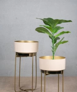 The-Golden-Triangle-India Lillian Enameled Metal Planter - Beige Planters