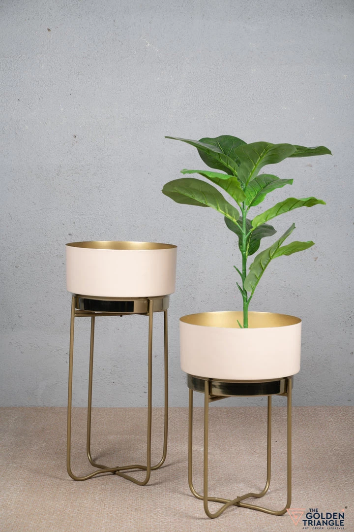 The-Golden-Triangle-India Lillian Enameled Metal Planter - Beige Planters 3 The-Golden-Triangle-India Lillian Enameled Metal Planter - Beige Planters