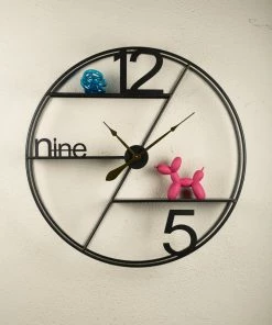 The Golden Triangle India Wall Clocks Gaia Metal Wall Clock With Shelf - Black