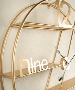 The Golden Triangle India Gaia Metal Wall Clock With Shelf - Gold