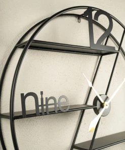 The Golden Triangle India Wall Clocks Gaia Metal Wall Clock With Shelf - Black