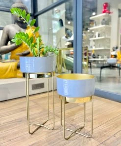 The-Golden-Triangle-India Lillian Enameled Metal Planter - Gray