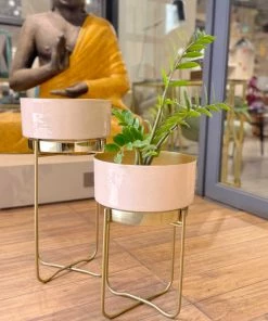 The-Golden-Triangle-India Lillian Enameled Metal Planter - Beige Planters 11 The-Golden-Triangle-India Lillian Enameled Metal Planter - Beige Planters