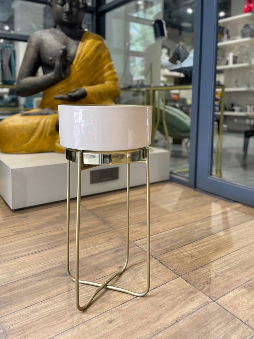 The-Golden-Triangle-India Lillian Enameled Metal Planter - Beige Planters 7 The-Golden-Triangle-India Lillian Enameled Metal Planter - Beige Planters