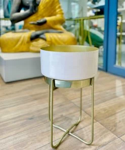 The-Golden-Triangle-India Lillian Enameled Metal Planter - Beige Planters 13 The-Golden-Triangle-India Lillian Enameled Metal Planter - Beige Planters