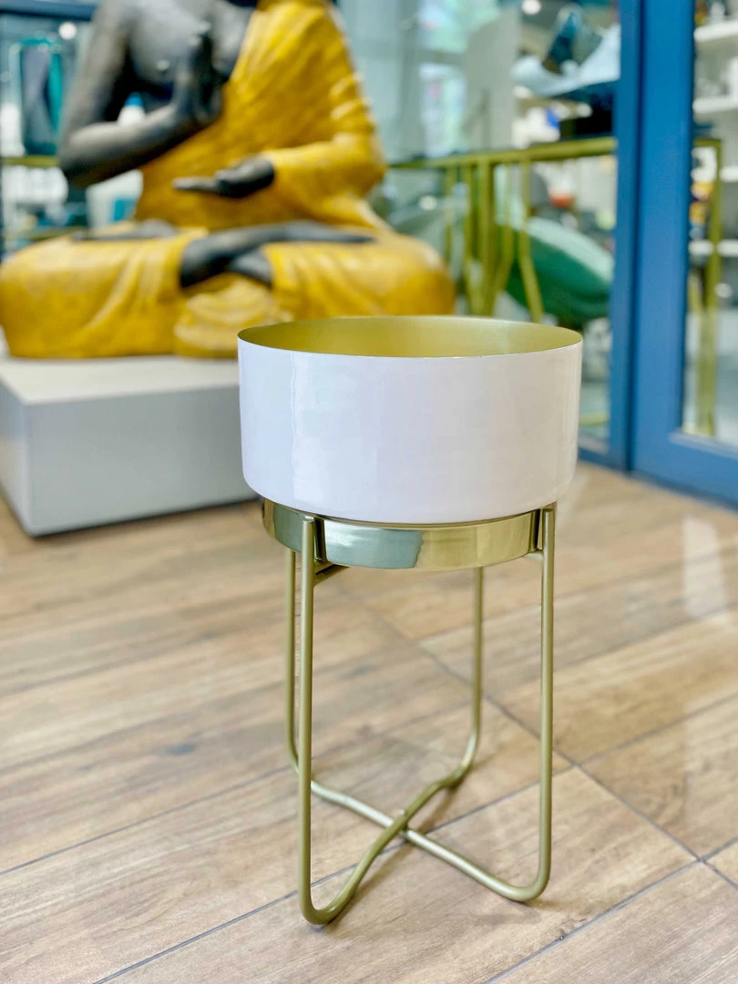 The-Golden-Triangle-India Lillian Enameled Metal Planter - Beige Planters 8 The-Golden-Triangle-India Lillian Enameled Metal Planter - Beige Planters